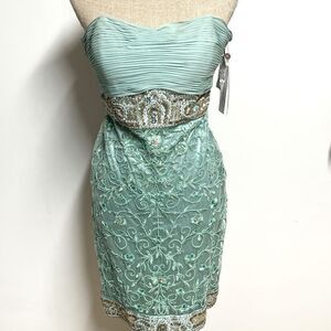 NWT Sue Wong Antique Aqua Sheath Dress w/ Floral Appliques & Beaded Waist Sz 12